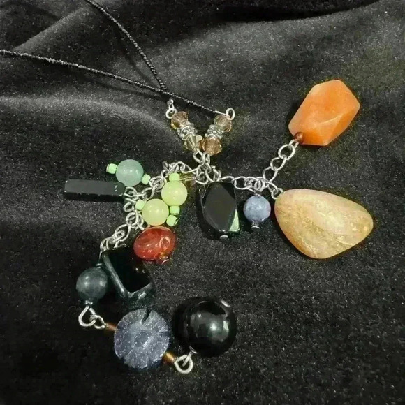 Boho Gemstone Beaded Necklace Carnelian Jade Cluster Drop Pendant - Picture 5 of 7